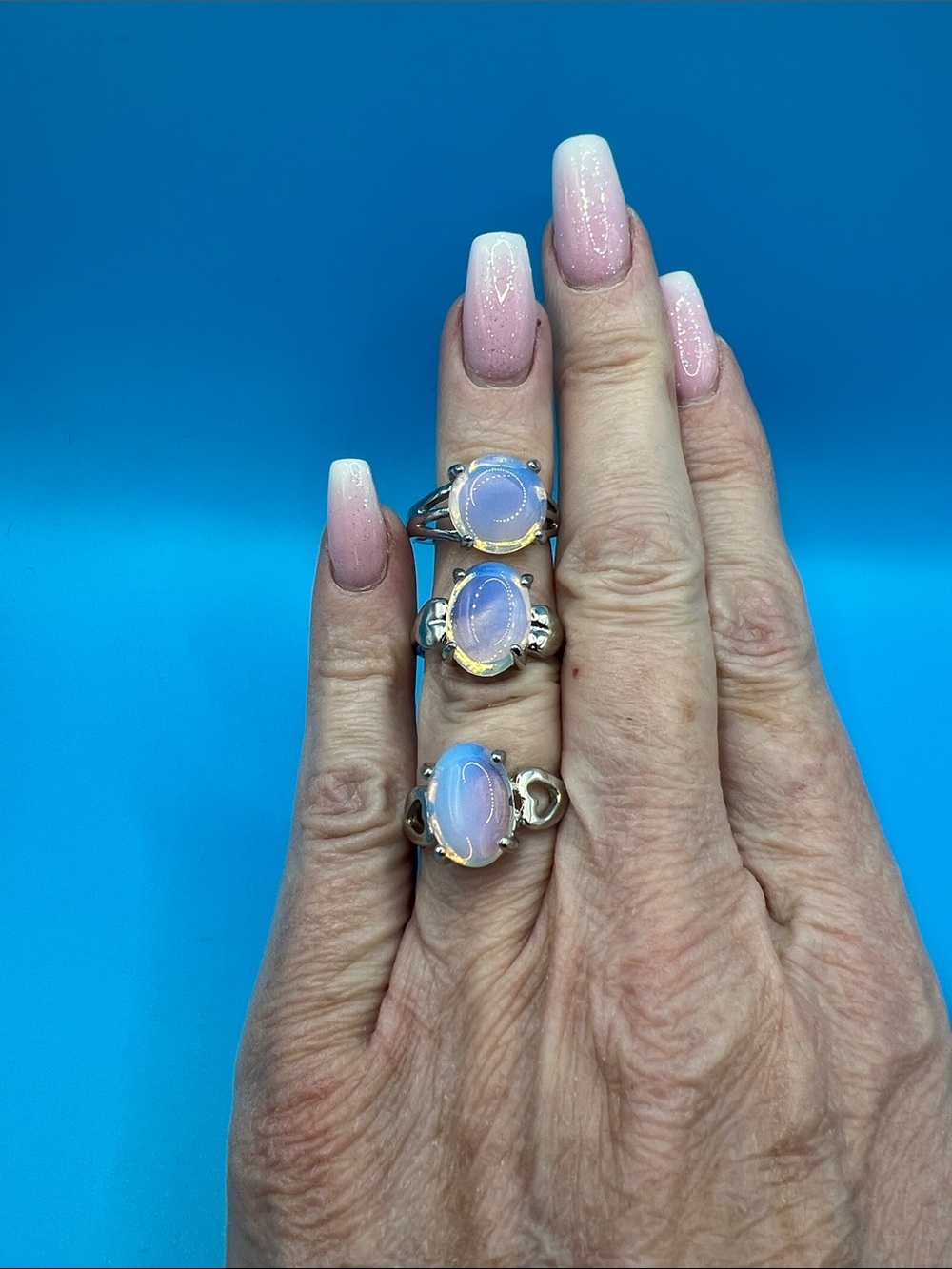 Opalite Oval Cabochon Silver Ring - Pink/Blue - silver plated - set of 3